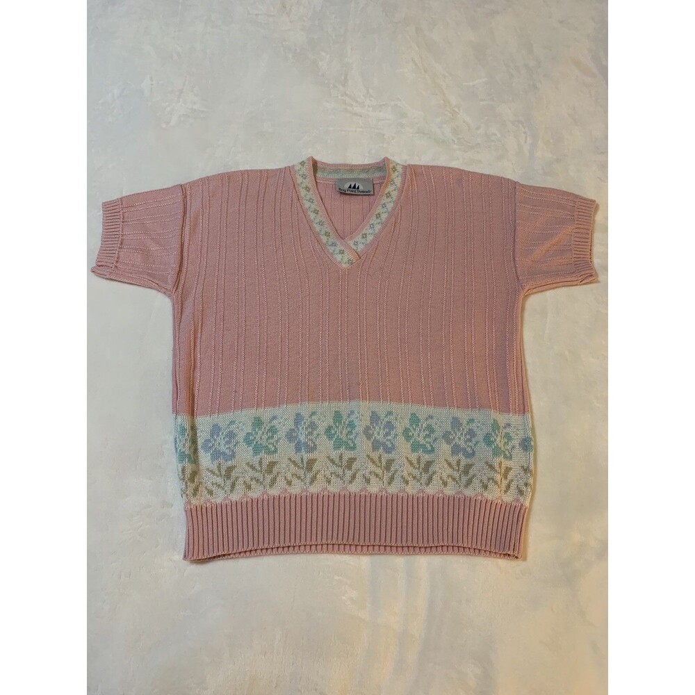 Bay Point Threads V Neck Vintage Grandma Knit Sweater Top Floral Acrylic USA Med